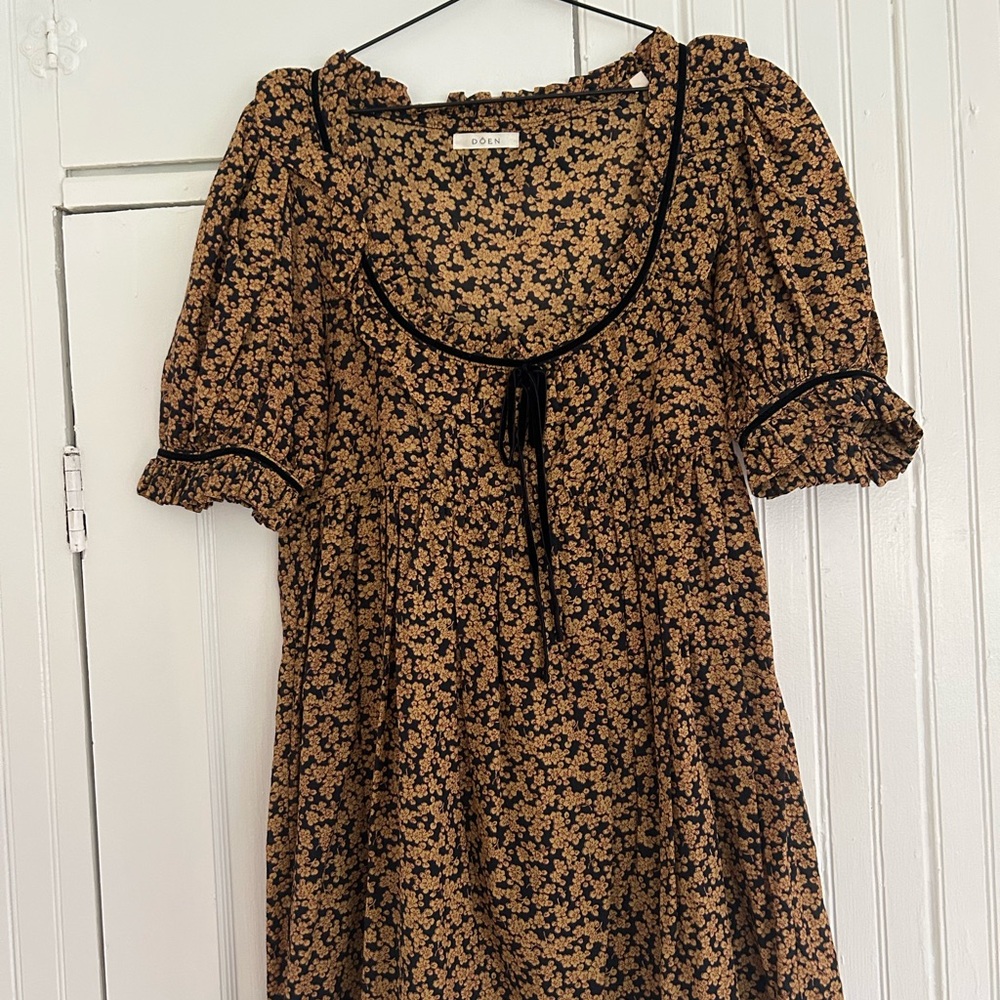 Doen Black Mini Dress with Mustard Floral Print